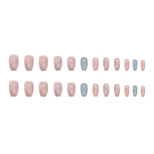 Short ballet press-on nails with pink and blue marble pattern and glossy jelly finish