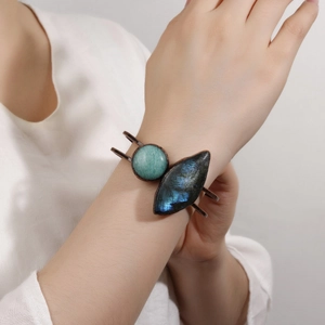 Vintage copper cuff bracelet featuring blue flash labradorite and amazonite gemstones