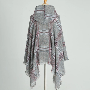 Plaid hooded poncho cloak with tassels in grey blue and red faux cashmere warm wrap