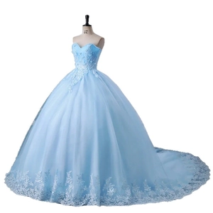 Elegant light blue strapless ball gown with intricate white lace appliqués and long train
