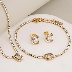 Luxe gold stainless steel jewelry set with round and square zircon tennis chain design