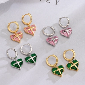 Sweet Heart Cubic Zirconia Dangle Earrings With Cross Star Design Copper Gold Silver Plated Elegant Jewelry For Women