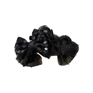 Elegant black lace bow hair clip with silver sequins and layered mesh for women