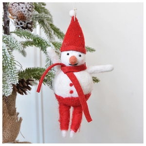 Charming wool felt snowman ornament with red hat and scarf on a festive Christmas tree