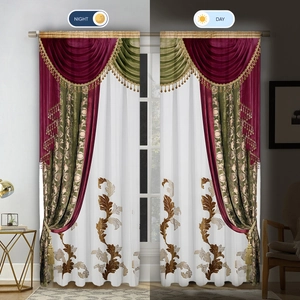 Detail of 2-piece luxury curtains with valance showing light blocking and transparency effects