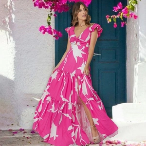 Women's V-Neck Ruffle Print One-Piece Swimsuit And Tiered Maxi Skirt Vacation Top And Bottom Set Magenta Floral Swimwear