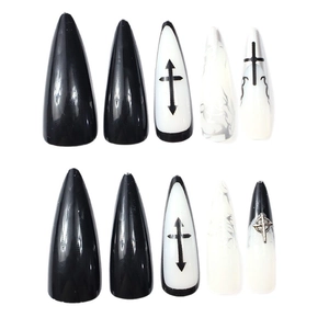 Gothic stiletto press-on nails with black cross patterns and marble texture
