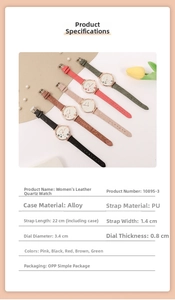 Detailed size specifications for classic ladies quartz watch with vintage leather strap