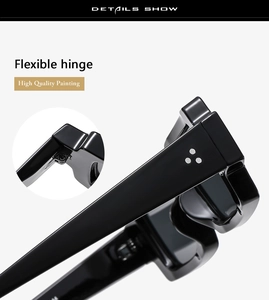 Detail of flexible metal hinges and three silver rivets on black square frame sunglasses