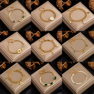 Bracciale In Acciaio Inossidabile Da Donna Placcato Oro Malocchio Stella Ciondolo Moneta Zircone Gioielli Eleganti