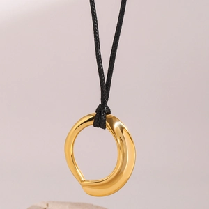 18k gold plated stainless steel hollow pendant necklace with black wax cord strap