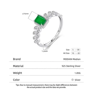 925 Sterling Silver emerald-cut green gemstone ring with pavé diamond leaf accents