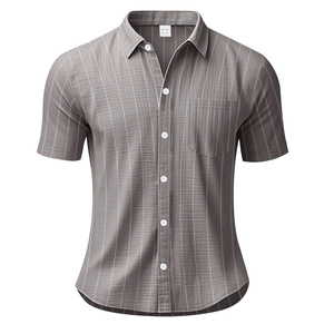 Detail of grey striped short sleeve shirt featuring a front pocket and linen texture