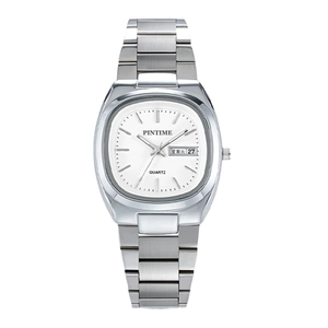 Modern square silver stainless steel watch with white dial and day-date display window