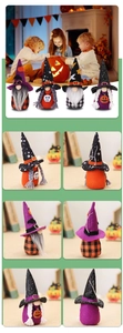 Detail of four Halloween gnome plush dolls with wizard hats and festive patterns