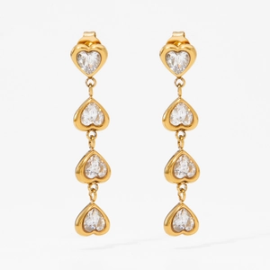 Elegant gold-plated stainless steel drop earrings with four linked zircon crystal hearts