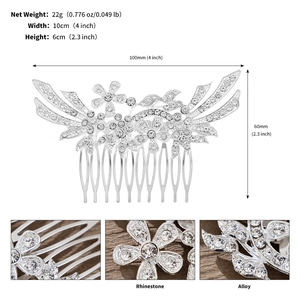 Detailed dimension chart for silver rhinestone hair comb with alloy flower leaf design