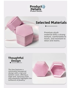 Detail view of pink velvet hexagonal jewelry box showing plush lining and lid texture