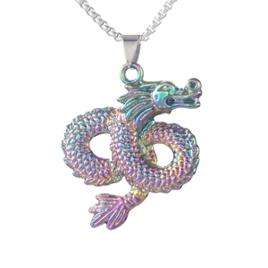 Rainbow stainless steel dragon totem necklace with intricate scales on silver chain
