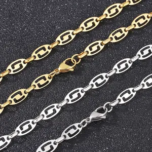 Stainless Steel Hollow Oval Geometric Link Chain Necklace Fashion Jewelry For Women Elegant Splicing Design