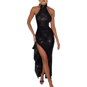 Robe longue noire scintillante à dos nu et licou avec fente haute pour femme 2025