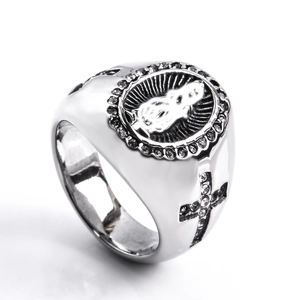 Retro hip hop ring with Virgin Mary relief and sparkling crystals in silver stainless steel