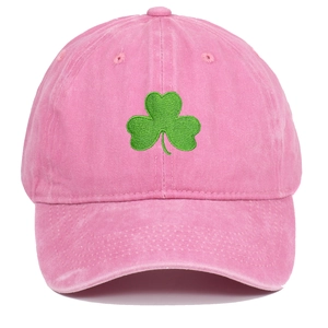 Pink washed cotton baseball cap featuring green clover embroidery and casual vintage style