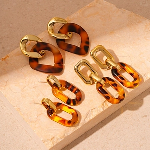 Vintage Geometric Leopard Print Oval Earrings Alloy Resin With 925 Sterling Silver Earring Post Retro For Women