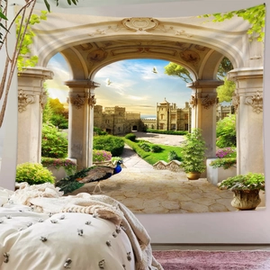 Detailed bedroom scene featuring a European castle and peacock print wall tapestry