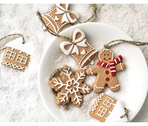 Detailed close-up of resin gingerbread man and snowflake charms with rustic twine hangers