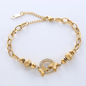 Elegant gold butterfly bracelet with crystal accents and matte beads on polished chain