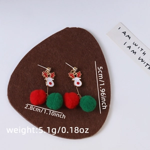 Detail showing dimensions of asymmetrical Christmas reindeer earrings with red plush balls