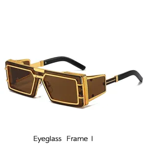 Steampunk cyber square sunglasses in gold and black with metal side shields and dark lenses