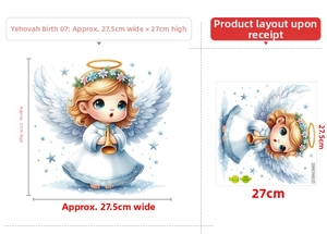 Detail showing Christmas elf window sticker dimensions 27.5cm x 27cm with cartoon angel design