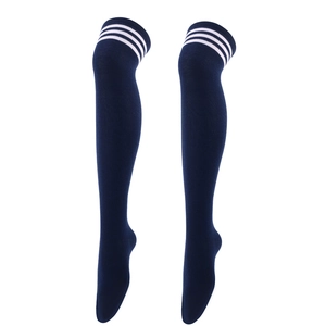 Detail of navy blue over-the-knee socks with white triple stripes and knitted texture