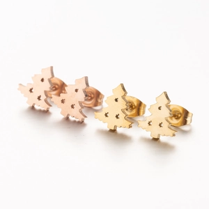 Minimalist Christmas tree stud earrings in gold and rose gold stainless steel