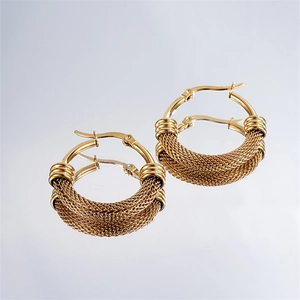Elegant gold-plated stainless steel hoop earrings with woven mesh texture on mirror