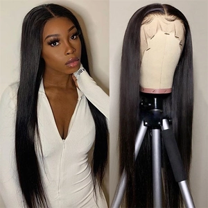 Long straight black lace front wig with natural middle part on mannequin and model