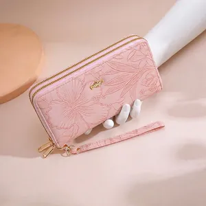 Women Long Wallet PU Leather Floral Embossed Double Zipper Large Capacity Clutch Bag With Wristlet Strap Fashion Sweet