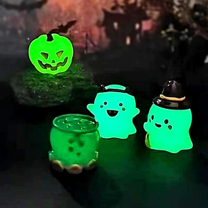 Luminous Halloween miniature figurines set featuring glowing ghost, witch, and pumpkin