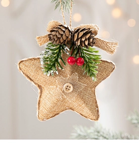 Macro detail of star-shaped burlap ornament with pine cones, needles and berries