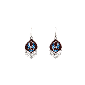 Bohemian silver drop earrings with blue lotus enamel pattern and metal tassel fringe