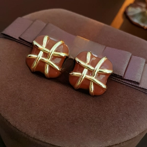 Detail of square brown resin earrings with gold cross metal design on a luxury gift box