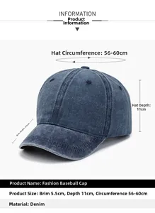 Detail view of denim baseball cap with 5.5cm short brim and retro washed blue texture