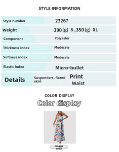 Size chart and fabric details for the floral maxi dress with spaghetti straps and a full skirt