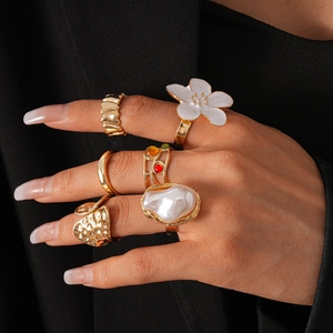 Bagues En Alliage Vintage Avec Künstliche Perle D'imitation Fleur En Émail Et Pierres En Résine Colorées Bijoux Rétro Pour Femmes