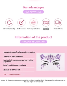 Detailed product size specifications for rhinestone eye stickers with 15cm x 9.5cm dimensions