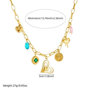 Gold layered heart pendant necklace with green stones and moon charms, 46cm length