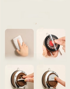 Step-by-step installation guide for suction cup kitchen roll holder on a grey wall