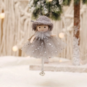 Grey Christmas doll pendant with sequin tulle skirt and silver bell for holiday tree decor
